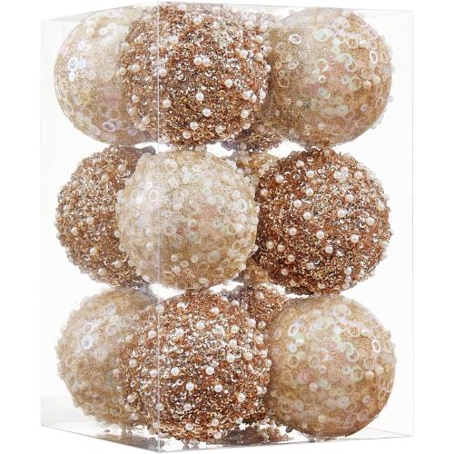 12CT Christmas Ball Ornaments, Champagne Christmas Ball Decorations Shatterproof Plastic Hanging Pearl Balls for Holiday Party(70mm/2.76)