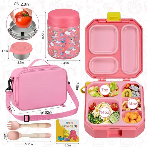 wiwens Bento Lunch Box for Kids with 12oz Soup Thermo Leak-Proof Lunch Food Container with 5 Compartment Thermo Hot Food Jar and Insulated Lunch Bag for Kid Toddler Girls Boys to School
