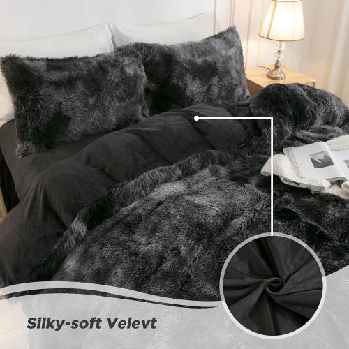 annadaif Plush Shaggy Duvet Cover, Tie Dye Black Fluffy Comforter Cover Set Full Size, Fuzzy Faux Fur Bedding Set with Zipper Closure, Luxury Ultra Soft 3 Pieces (1 Duvet Cover, 2 Pillowcases)