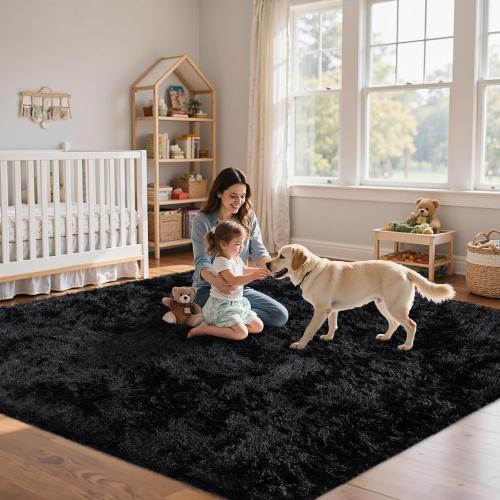 Area Rug for Living Room:Ultra Soft Fluffy Shag Black Rugs,Large Fuzzy Plush Indoor Non Slip Carpet Washable Rug for Bedroom Kids Nursery Office Dorm Modern Decor(Black)