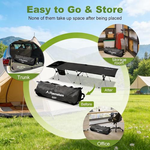 Ultra-Light Compact Camping Cot for Adults & Kids, Foldable Sleeping Design with 2-in-1 Height Adjustment, Portable Travel Style Supports 300 lbs, 75x26x15.8 Inches, Black | Flyernature