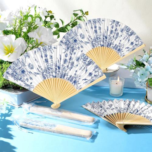 25 Sets Blue Floral Hand Folding Fans with Organza Bags Bulk Blue Flower Wedding Favors for Guests Vintage Foldable Paper Fans for Bridal Shower Wedding Bridesmaid Thank You Gift Decorations