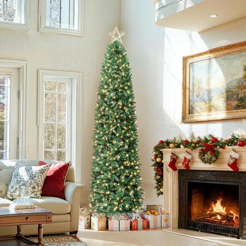 HOLLO STAR 9 ft Prelit Christmas Tree with 546 LED Lights, App Control, Artificial Pencil Christmas Tree with Multi-Color RGBW Lights, 1290 Branch Tips, Skinny Xmas Tree, Metal Base, for Home, Party