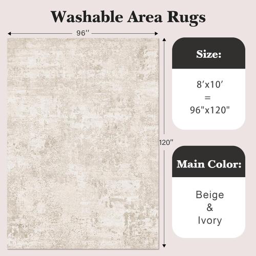 Art&Tuft Washable Rugs 8x10, Anti-Slip Backing Abstract 8x10 Rug, Stain Resistant Rugs for Living Room, Foldable Machine Washable Area Rug (TPR53-Beige, 8'x10')