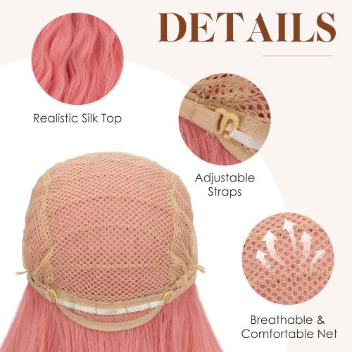 S-noilite Long Pink Wavy Wig Middle Part for Women 27 inch Long Curly Wavy Pink Wig Natural Looking Synthetic Hair Colorful Anime Cosplay Party Halloween Costume Daily