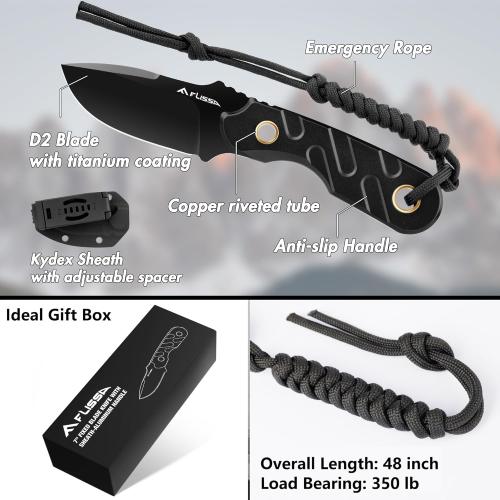 Black 7 FLISSA Fixed Blade Knife, 7 Inch Full Tang Hunting Knife with Kydex Sheath and Emergency Rope, Tactical Knife for Survival, Camping, Hiking(Black)