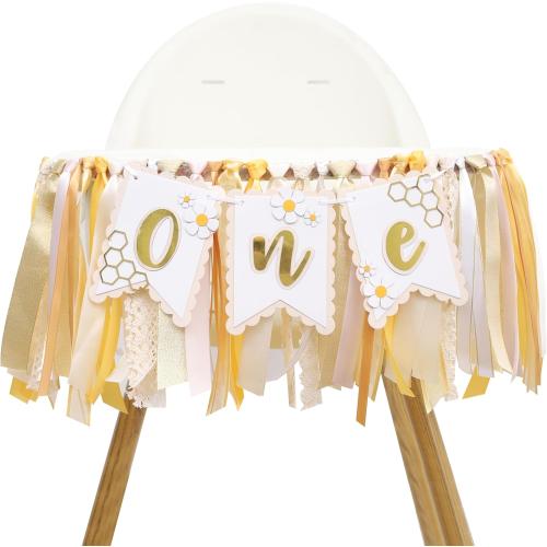 Bee One High Chair Banner Yellow - Bee for 1st Birthday Highchair Banner, Beehive Theme Birthday Party Supplies, Sweet One Party Decorations, Daisy First Photo Props (Beehive Garland Yellow)