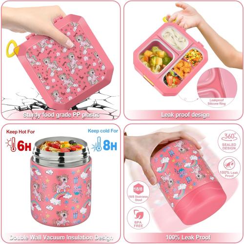 wiwens Bento Lunch Box for Kids with 12oz Soup Thermo Leak-Proof Lunch Food Container with 5 Compartment Thermo Hot Food Jar and Insulated Lunch Bag for Kid Toddler Girls Boys to School