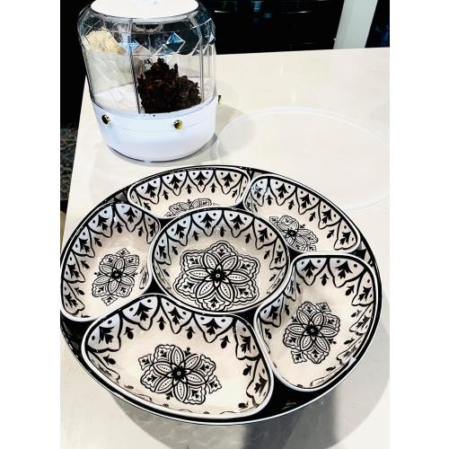 Lazy Susan Large 7 piece Serveware Set with Lid for Dining and Party - Condiment Salad Chips Nachos Pita or Taco Preperation Set - Cheese Platter (1, Black 7- piece Serving Set)