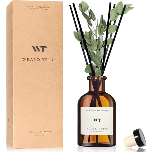 WEALD TRIBE Flower Reed Diffuser Set Eucalyptus & Lavender Scent For Bathroom Accessories Shelf Decor & Air Fresheners, Sticks Defusers With 4.0 fl oz Essential Oils, House Bedroom Office Decor & Gift