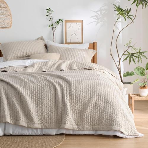 Bedsure Quilts Queen Size - Queen Quilt Bedding Set Bedspread Coverlet Comforter, Lightweight Neutral Striped Bedding, 3-Piece Set with 90x96 Coverlet & 2 Pillow Shams, All-Season Soft Microfiber