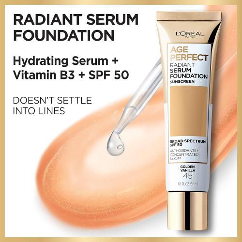 L'Oreal Paris Age Perfect Radiant Serum Foundation with SPF 50, Cream Beige, 1 Ounce