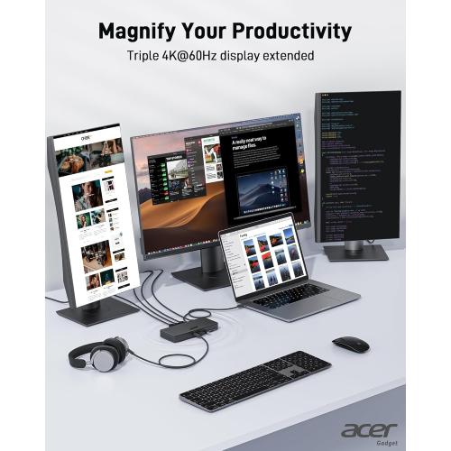 Acer 15-in-1 Laptop Docking Station Support DisplayLink Triple Monitors, USB C Docking Station, 130W Power Adapter, 10Gbps Data Transfer, 1Gbps Ethernet for MacBook Pro/Air, Acer Laptops, PC and More