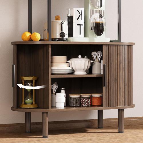 Espelism 71 Tall Mid-Century Display Shelf Bookshelf with Sliding Tambour Doors, 4-Tier Freestanding Vinyl Record Player Stand Fluted Storage Cabinet for Living Room, Bedroom, Home Office