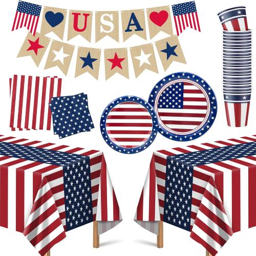 OHOME Fourth of July Decorations - Serve 24 - Patriotic Plates Tablecloth Napkins Cups Banner | 4th of July Accessories for Home Outdoor Memorial Day | America 250th Merchandise Anniversary