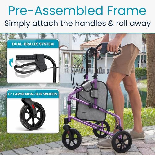 Vive Mobility 3 Wheel Walker - Three Wheeled Rollator for Seniors | Lightweight, Foldable, Narrow, Heavy Duty - for Elderly Men Women - Folding 3-Wheel Tri Scooter with Basket Bag