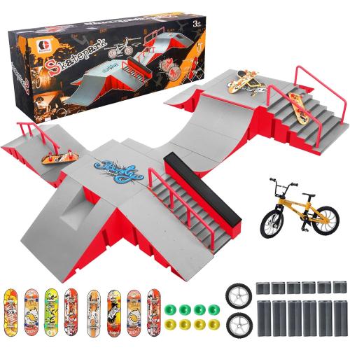 Finger Skateboard Park Kits,14-in-1 Bigger Finger Skateboard Ramp Set with 14 Ramps,8 Fingerboards,1 Finger Bike, Skate Park Kit,Fingerboard Skatepark Half Pipe Toys Gifts for Ages 3