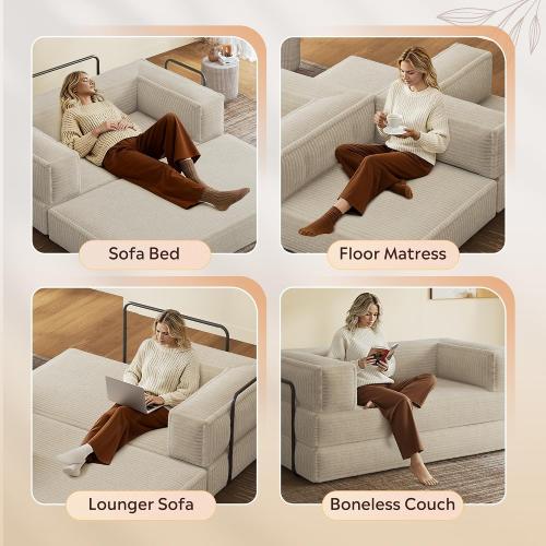 WLIVE 71'' Futon Sofa Bed, Convertible Sleeper Sofa, Folding Pull Out Couch Boneless Mattress with Fixed Frame, Corduroy, with Storage Pocket, Beige