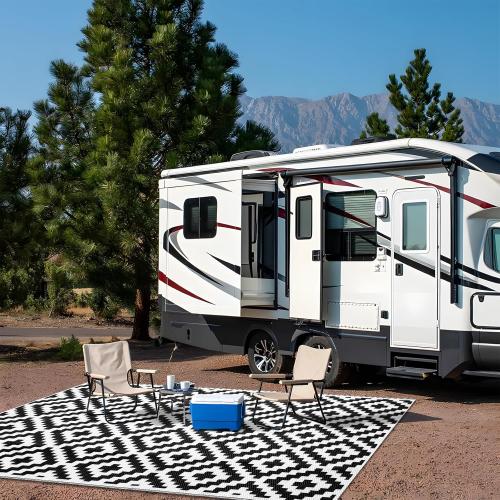 Waterproof Outdoor Rug 5x8 ft, Outdoor Plastic Straw Rug for Camping, RV Mat Outside, Indoor Outdoor Carpet for Porch, Deck, Backyard, Balcony, Picnic, Black & White