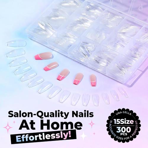 UNA GELLA Coffin Gel Nail Tips Medium Pre-Etched Full Cover 15 Sizes 300PCS