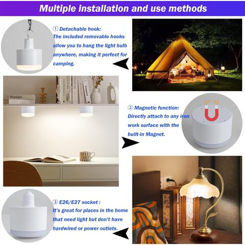 Battery Operated Light Bulb with Remote RGB Rechargeable Light Bulb USB Charging,50H Long Life Emergency Light Bulbs for Power Outage,Battery Powered Light Bulb for Home,Outdoor Activities