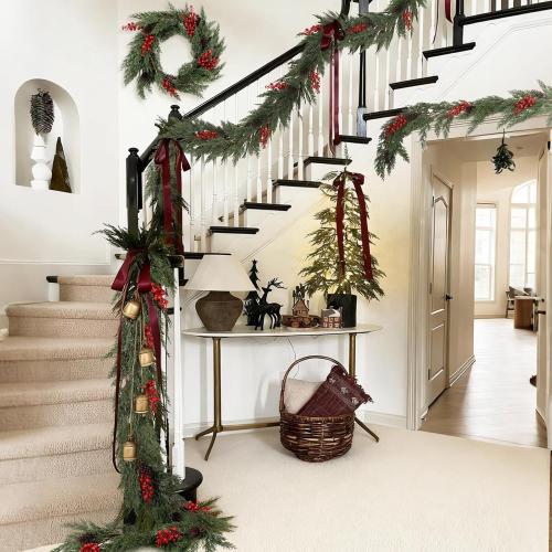 RECUTMS Christmas Pine Garland 6.2FT Artificial Christmas Cedar Garlands with Pine Cones Red Glitter Berry Stems Faux Cypress Wreath for Door Window Wall Mantel Indoor Outdoor Xmas Decor(Red Berry)