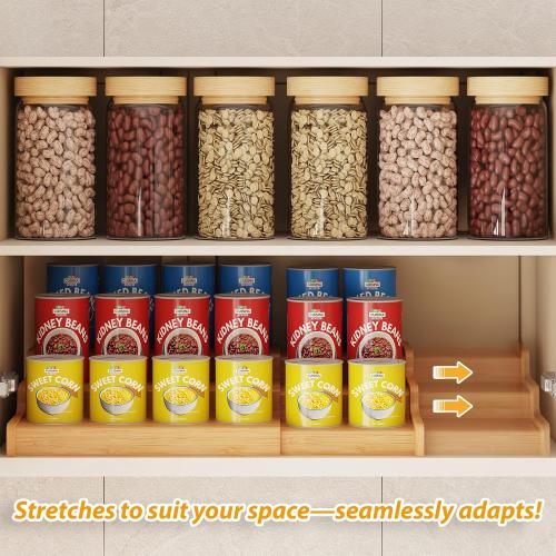 Expandable Bamboo Can Rack Organizer for Pantry, 3-Tier Adjustable Can Storage Holder, Soda Organizer Holds Up to 24 Cans, Canned goods Storage Display for Pantry, Cabinet, Countertop (patent pending)