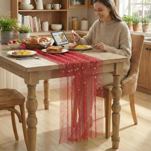 Artoid Mode Gold Stars Red Gauze Table Runner 120 Inch 10FT, Reversible Glitter Sheer Dining Wedding Holiday Birthday Table Decor for Home Party