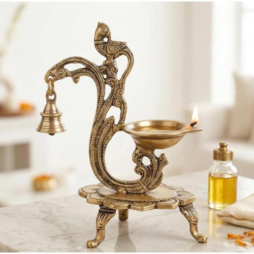 eSplanade - 8 - Peacock Diya with Bell - Lotus Shaped Round Brass Diya | Oil Lamp Deepam | Home Decor | Kuthu Vilakku | Oil Lamps for Home and Office