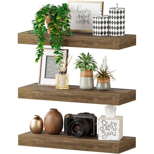 BAMEOS Floating Shelves, 16x6 Wall Mounted Wooden Shelves with Invisible Brackets Set of 3, Hanging Wall Shelves Decoration for Bedroom, Bathroom, Living Room and Kitchen