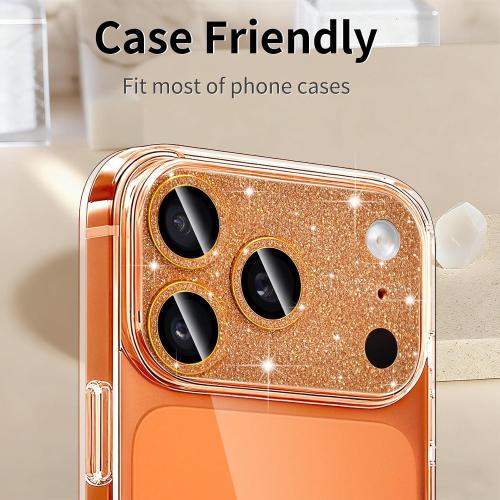Compatible with iphone 17 Pro Max Camera Lens Protector, Bling Glitter 9H Tempered Glass Anti Scratch Full Protective Len Cover, Orange