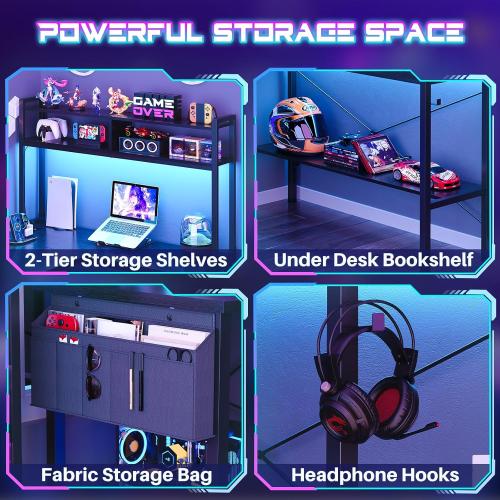 Aheaplus L Shaped Desk Gaming Desk, 59 L Shaped Computer Desk with LED Light & Power Outlet, Reversible Home Office Desk Gamer Desks with Shelves & Storage Bag & Hooks, Corner PC Desk, Black