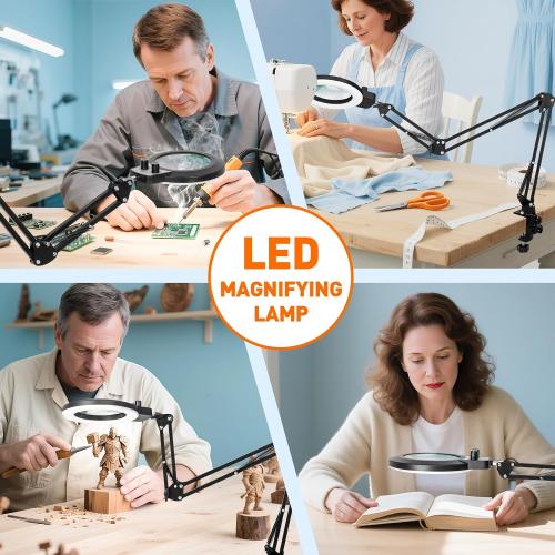 KIRKAS 12X Magnifying Glass with Light and Clamp, Extra-Long Arm Magnifying Lamp Overhead Knob for Workbench Craft Repair Sewing, LED Lighted Magnifier Real Glass Lens Stepless Dimming and Color