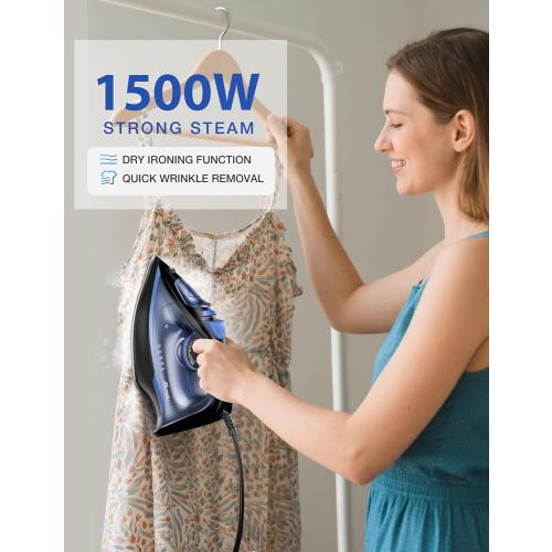 Sundu Steam Iron for Clothes with Rapid Heating Ceramic Coated Soleplate, 1500W with Precise Thermostat Dial, Self-Cleaning, Auto-Off, 15.21oz Water Tank for Home Clothes Ironing Use, Blue