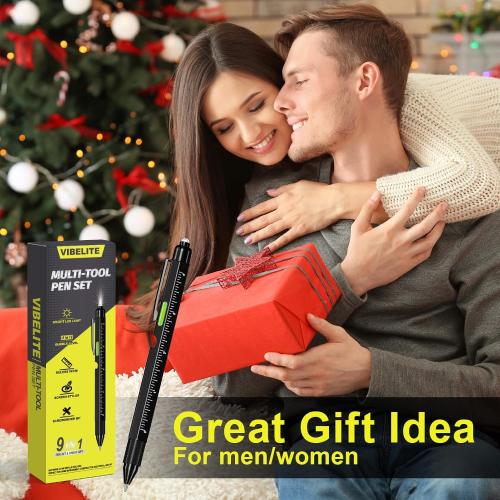Gifts for Men, Dad, Him, Husband, 9 in 1 Multitool Pen Set with LED, Stylus, Level, Screwdriver, Mens Gift from Daughter, Wife, Son, Cool Gadgets Birthday Gifts for Men, Father, Black, 1 Pack