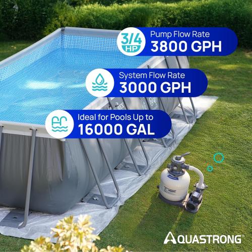AQUASTRONG 16in Sand Filter Pump for Above Ground Pool with Timer, 3/4 HP Pool Pumps Above Ground 3800 GPH for Pools up to 16000 GAL, Pool Filter with 6-Way Valve, Improved Circulation and Filtration