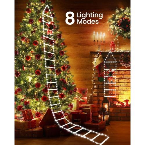 Christmas Decorations LED Ladder Lights with Climbing Santa Claus, 10ft Outdoor Christmas Decorative Light - 8 Modes Xmas Lights Tree for Home Holiday Wall Window Xmas Decor (Cool White)