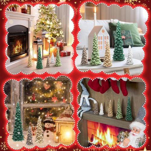 5 Pcs Sage Green Christmas Tree Figurines 11''/ 8.6''/ 7''/4.7'' Glittered Christmas Trees Resin Stone Xmas Holiday Figurines Xmas Desk Decor Centerpieces for Tabletop Decorations