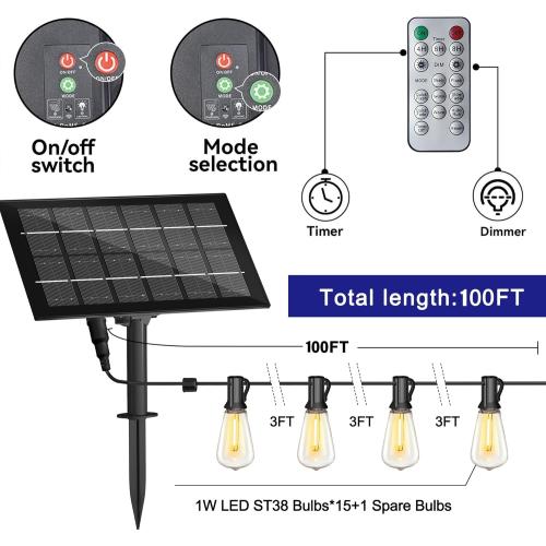 Black Stright Solar Powered String Light 100FT with Remote Control 8 Light Modes, Weatherproof Shatterproof ST38 LED Bulb 30 Sockets for Backyard Porch Cafe, Large Solar Panel