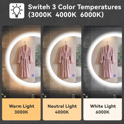 20“ x 20” LED Bathroom Smart Mirror, Round Mirror with Three Color Light Temperature Brightness Settings,Backlit   Front Lit,Wall-Mounted Vanity Mirror with Memory Function