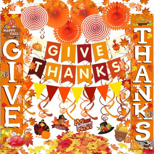 Famoby GIVE THANKS Hanging Banner Porch Sign Autumn Pumpkin Maple Leaf Backdrop Flag Banner Paper Fan&Swirls for Thanksgiving Party Decorations