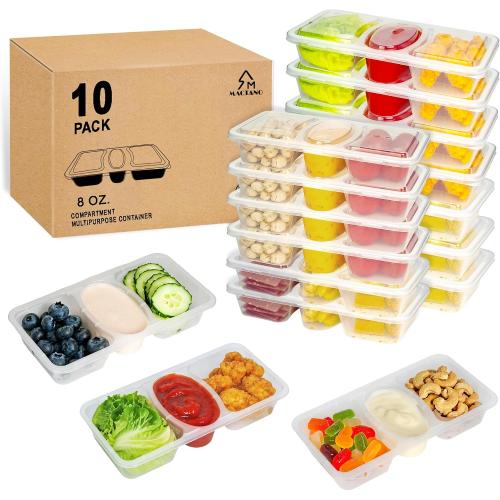 MACTANO 8 OZ Reusable Snack Containers with Lids, New 3 Compartment Condiment Snack Pack Containers 10 Sets