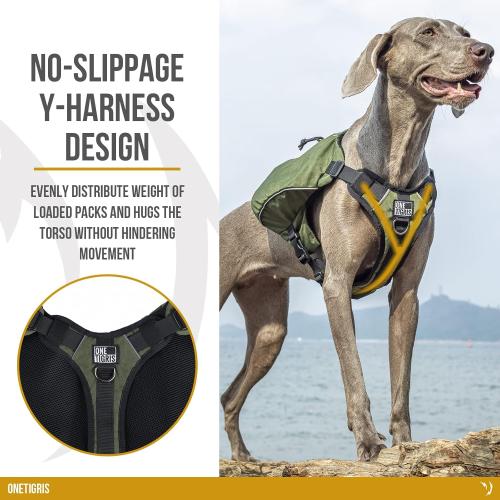 OneTigris Y-Shaped Dog Backpack with Handle, Pockets & No Pull D-Rings, Lightweight Hiking Gear for Dogs Hunting Camping Travel (Large, Green)