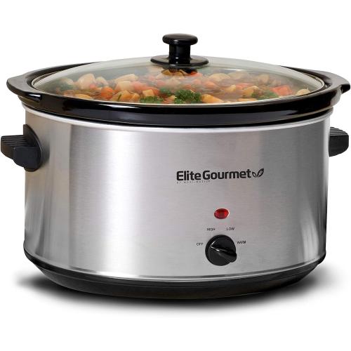 Elite Gourmet Stainless Steel Slow Cooker, Dishwasher-Safe with Tempered Glass Lid, Cool-Touch Handles, Removable Stoneware Pot, 8.5 Quart,MST-900V
