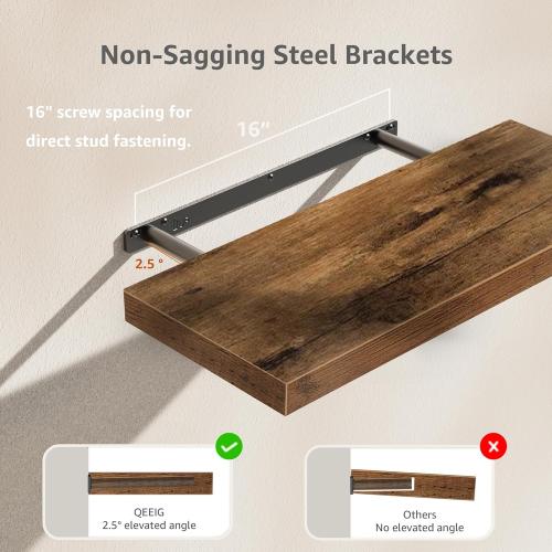 QEEIG Floating Shelves for Wall 23.6 Long - Wall Mounted Shelf Bathroom Kitchen Living Room Bedroom Farmhouse Home Decor Display Bookshelf Large 23.6 x 9.3 inch Set of 2, Rustic Brown (008-60BN)
