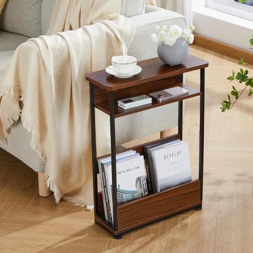 Vintage Narrow Side Table with Storage Shelf, 3 Tier Slim End Table Modern Sofa Table for Narrow and Small Spaces, 24.6 Inch Height Bedside Table Small Nightstand with Magazine Rack