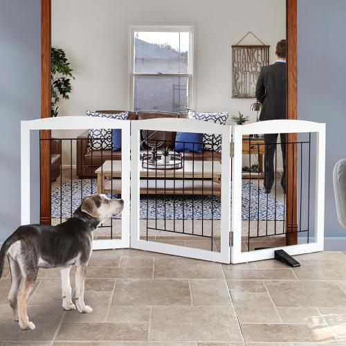 ZJSF Freestanding Dog Fence Indoor, Foldable Dog Gate for Doorways, Stairs or Hallways, Sturdy Wood Extra Wide Pet Gate with Support Feet for The House, White, 24 Height-3 Panels