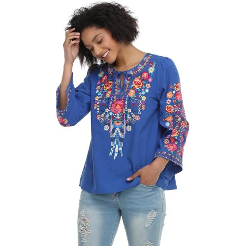 YZXDORWJ Women's Mexican Long Sleeve Blouse Embroidered Traditional V Neck Top Boho Tunic