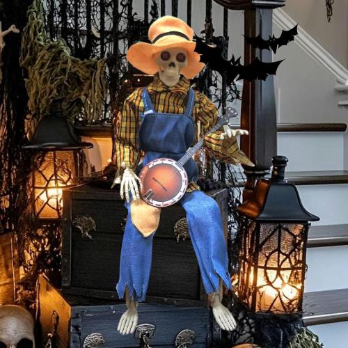 23.6 Inch Animated Banjo Skeleton Halloween Decorations, Funny Animated Dueling Banjo Skeletons, Halloween Country Skeleton Musicians for Outdoor Yard Lawn