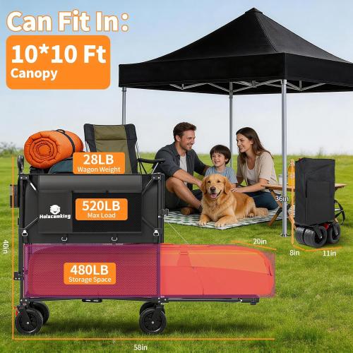 480L Double Decker Wagon, 58 L Extended Foldable Utility Cart with Tailgate, Big All-Terrain Wheels with Brakes, 520lbs Heavy Duty Collapsible Wagon for Camping Beach Sports Grocery Pets